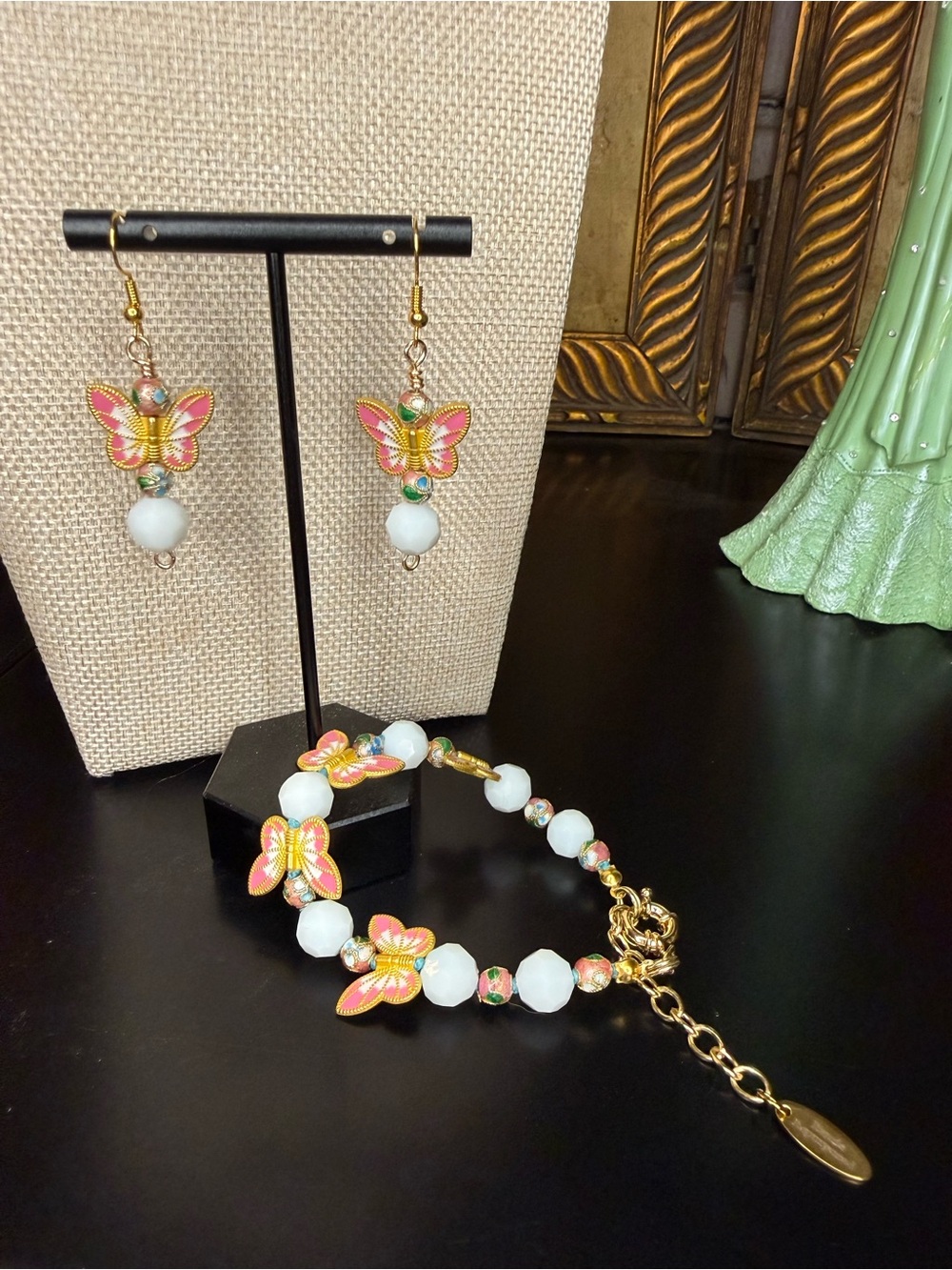 Handmade Pink Cloisonné Butterfly and Milk Glass Bracelet and Earrings Set